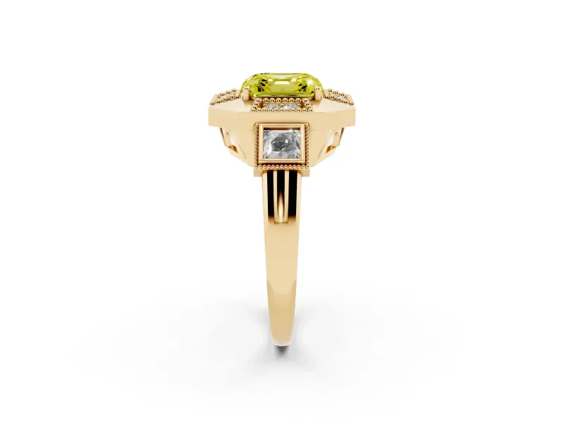 Asscher Cut Milgrain Sectioned Halo Engagement Ring Setting for a Fancy Yellow Lab-Grown Diamond | Yellow Gold