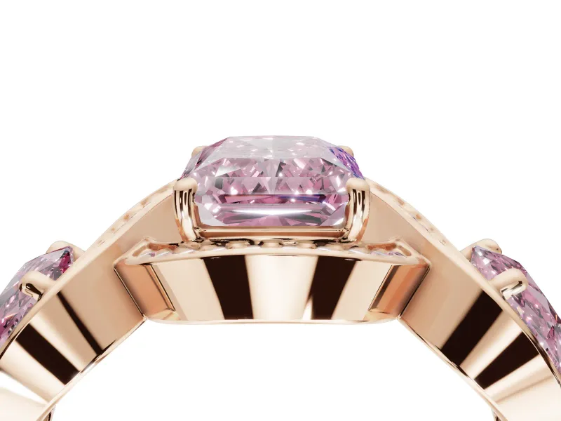 Radiant Cut Three Stone Halo Engagement Ring Setting for a Fancy Pink Lab-Grown Diamond | Pavé Wave Band | Rose Gold