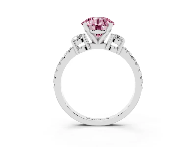Round Three Stone Engagement Ring Setting for a Fancy Pink Lab-Grown Diamond | Pavé Band | Platinum