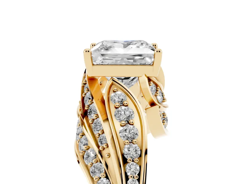 Princess Cut Diamond Solitaire Ring Set in Yellow gold with Layered Twist Pavé Band