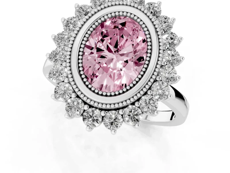 Fancy Pink Oval Cut Diamond Halo Ring Set in Silver with Milgrain Edge and Round Prong Setting