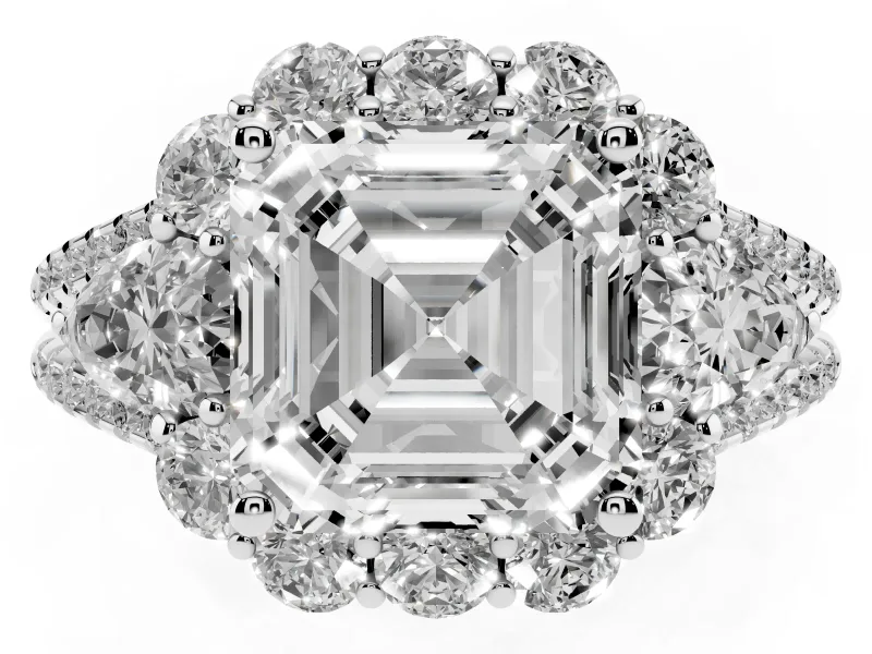 Asscher Cut Diamond Halo Split Shank Engagement Ring Set in Platinum with Prong-Held Center Stone