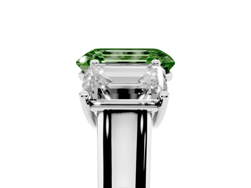 Emerald Cut Three Stone Engagement Ring Setting for a Fancy Green Lab-Grown Diamond | Basket Prong Heads | Platinum
