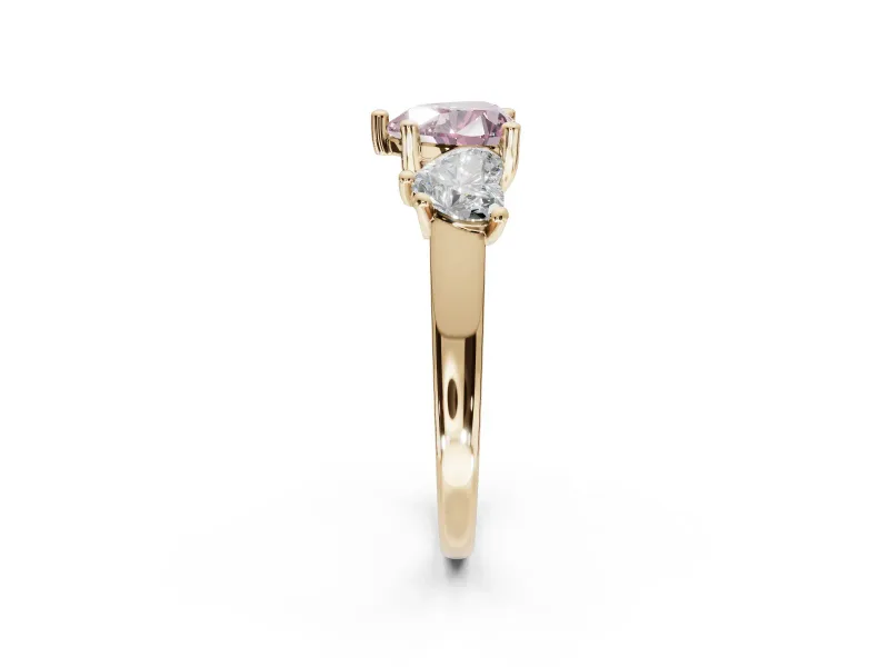 Heart-Shaped Three Stone Engagement Ring Setting for a Fancy Pink Lab-Grown Diamond | Tapered Band | Yellow Gold