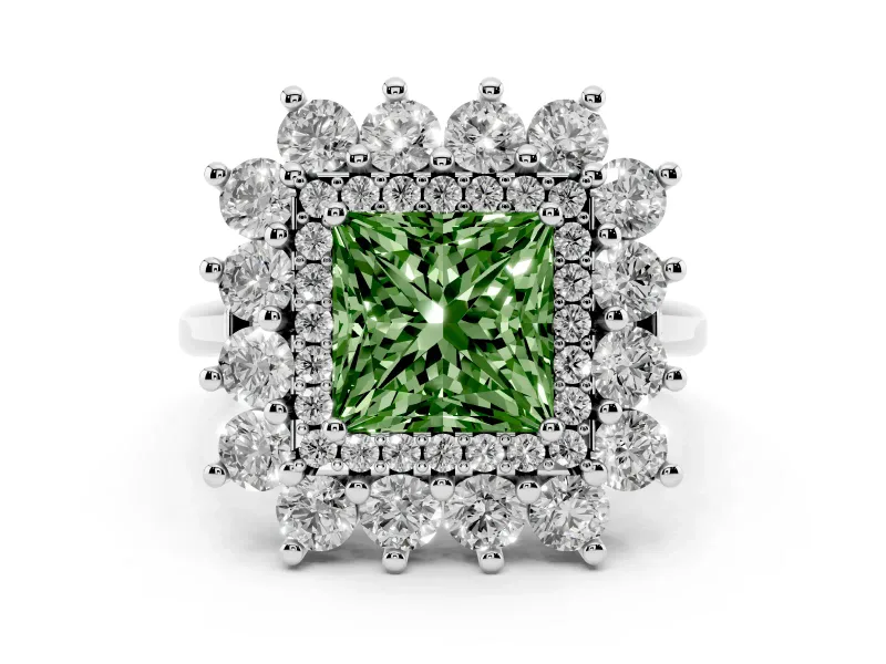 Fancy Green Princess Cut Diamond Floral Double Halo Ring Set in White gold with Round Petals