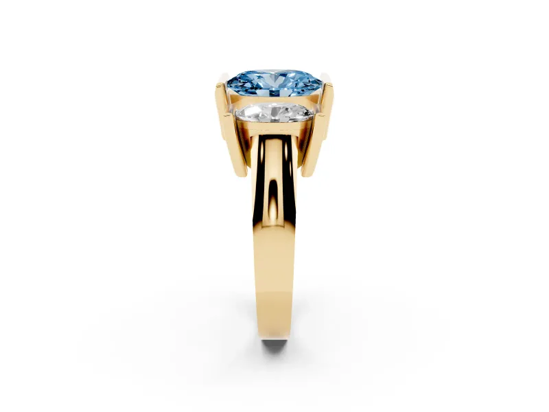 Oval Channel-Set Three Stone Engagement Ring Setting for a Fancy Blue Lab-Grown Diamond | Wide Flat Band | Yellow Gold