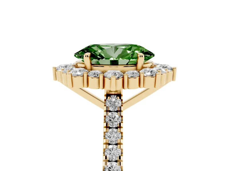 Oval Scalloped Halo Engagement Ring Setting for a Fancy Green Lab-Grown Diamond | Single Row Pave | Yellow Gold