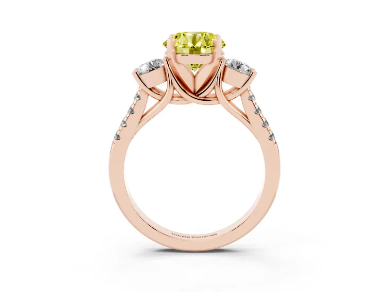 Fancy Yellow Three-Stone Round Cut Diamond Pavé Band Ring Set in Rose gold with Prong-Set Trio