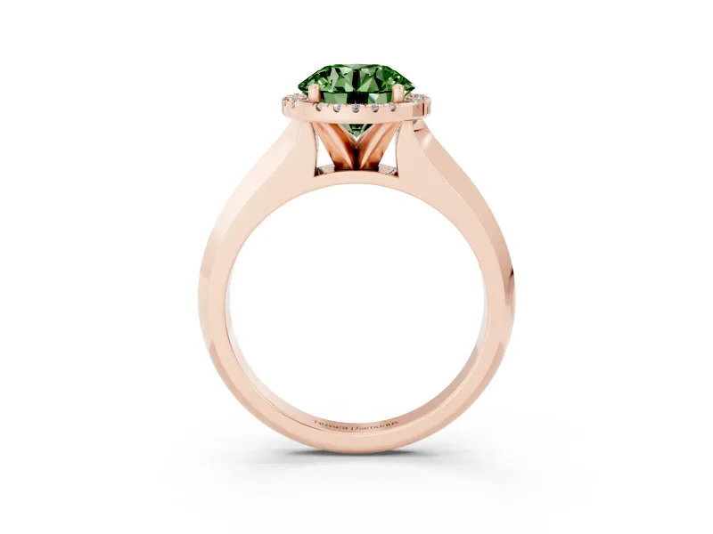 Fancy Green Round Cut Diamond Halo Ring Set in Rose gold with Cathedral Band and Prong Setting