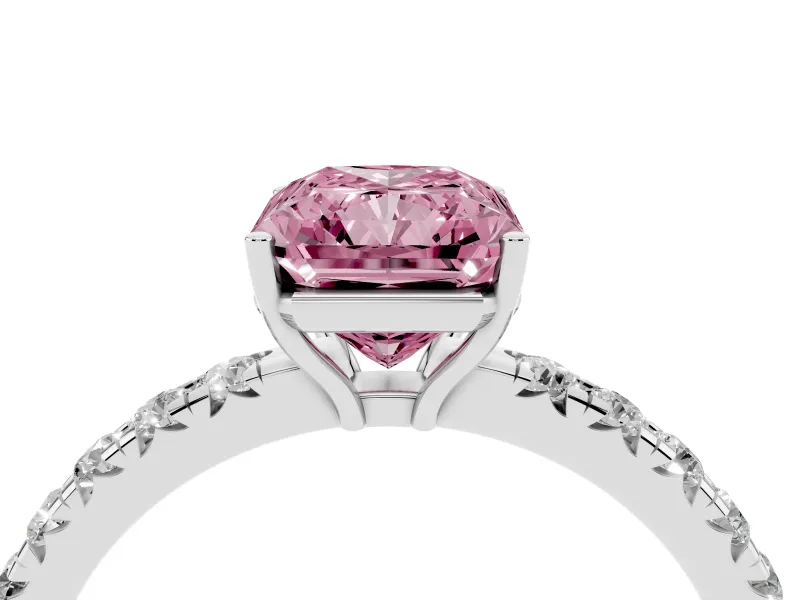 Radiant Cut Pave Solitaire Engagement Ring Setting for a Fancy Pink Lab-Grown Diamond | Shared Prong Band | Platinum
