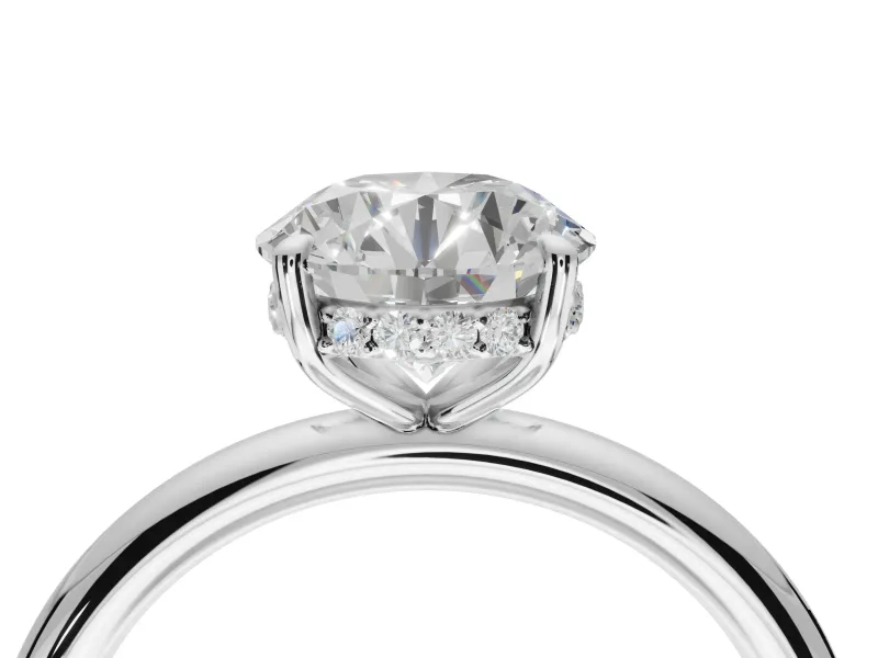 Round Hidden Halo Engagement Ring Setting | Thin Plain Band | White Gold