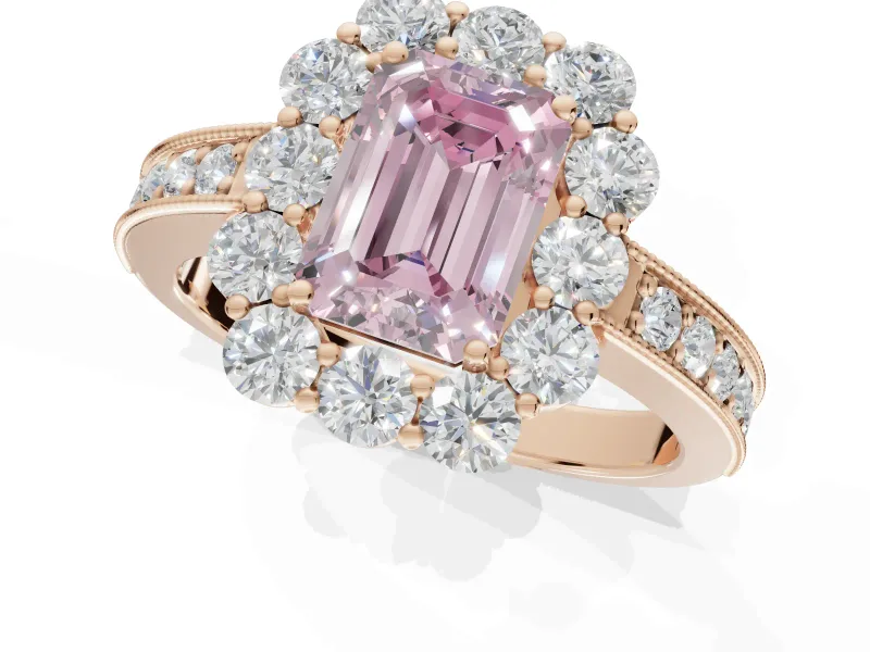 Emerald Cut Vintage Halo Engagement Ring Setting for a Fancy Pink Lab-Grown Diamond | Rose Gold