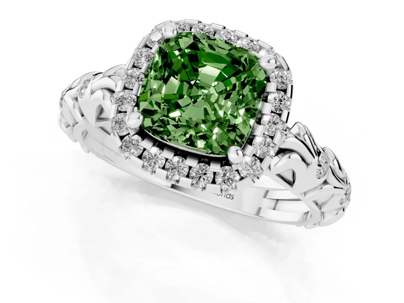 Cushion Cut Leaf Halo Engagement Ring Setting for a Fancy Green Lab-Grown Diamond | Bezel Accents | Platinum