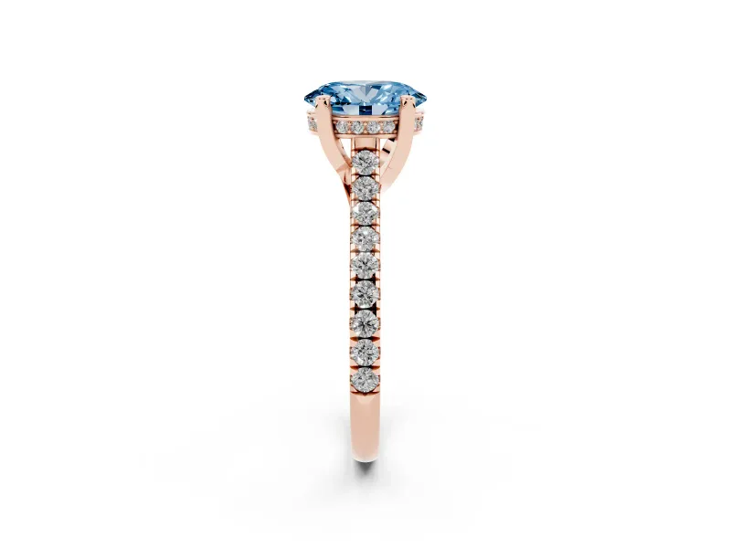 Oval Hidden Halo Pave Engagement Ring Setting for a Fancy Blue Lab-Grown Diamond | Claw Prongs | Rose Gold