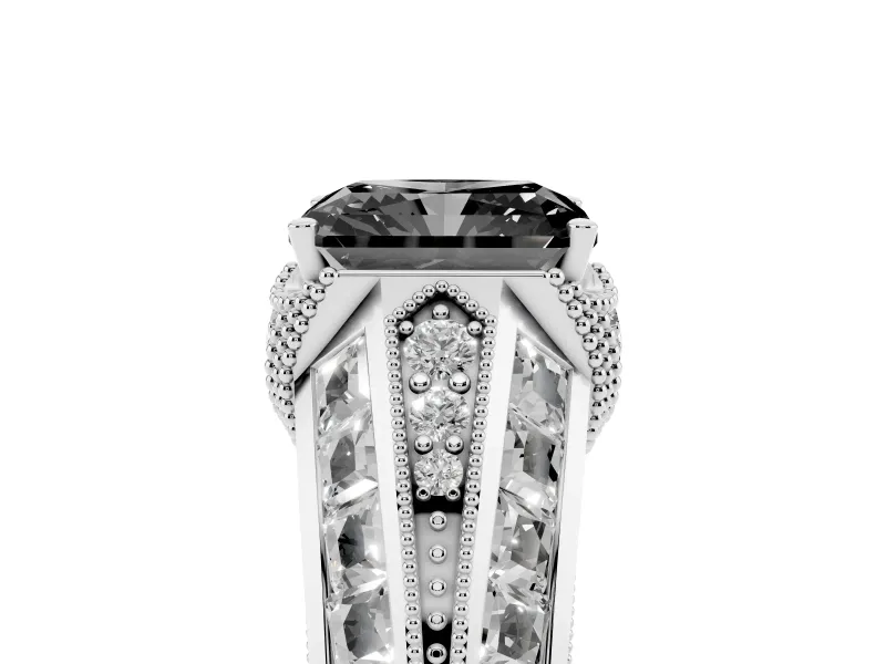 Fancy Black Radiant Cut Diamond Vintage-Inspired Milgrain Ring Set in Platinum with Accent Split Shank