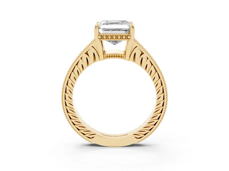 Asscher Cut Vintage Engraved Solitaire Engagement Ring Setting | Milgrain Pavé | Yellow Gold