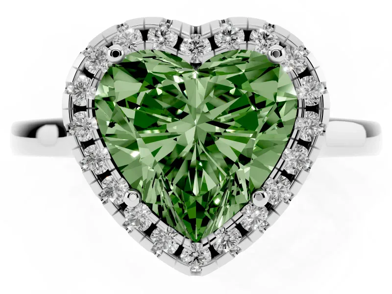 Fancy Green Heart Cut Halo Round Diamond Solitaire Ring Set in White gold with Pavé Band and Prong Setting