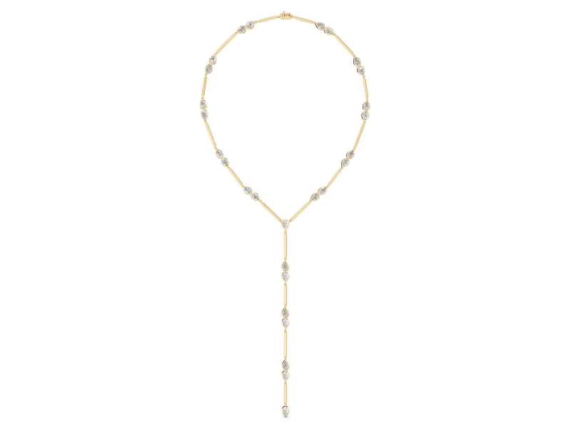 Pear-Shaped Lab-Grown Diamond Bezel Station Lariat Necklace | Polished Bar Links | Yellow Gold