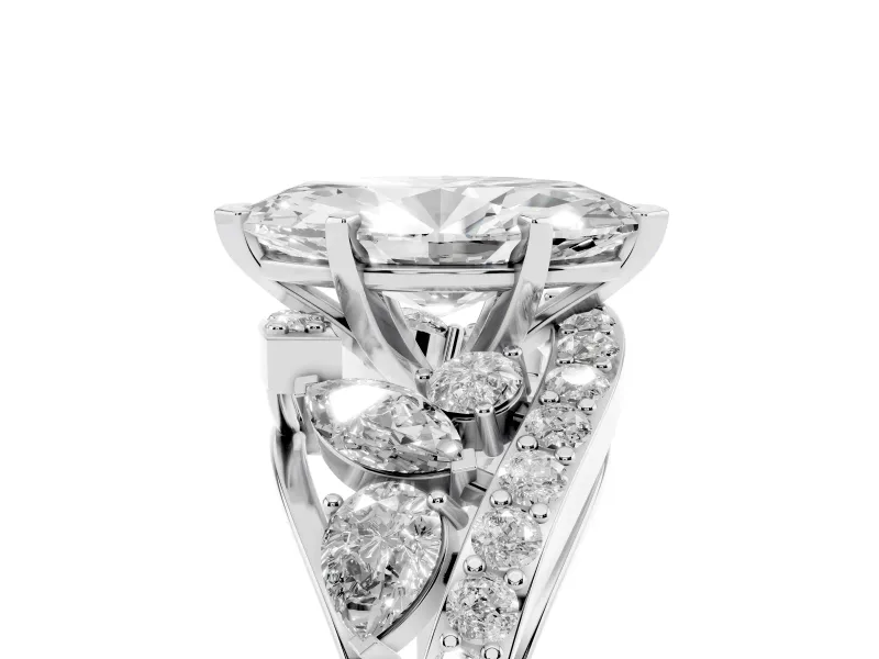 Marquise Cut Diamond Halo Ring Set in White gold with Marquise and Pavé Band in Prong Setting