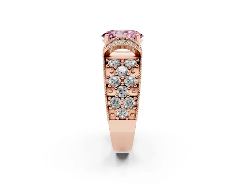 Oval Vintage Milgrain Pave Engagement Ring Setting for a Fancy Pink Lab-Grown Diamond | Crescent Side Rows | Rose Gold