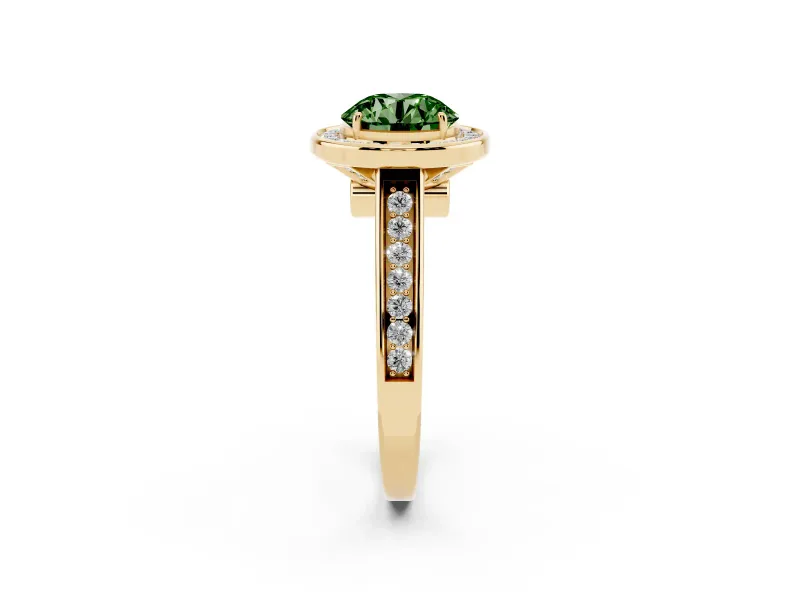Round Rimmed Halo Engagement Ring Setting for a Fancy Green Lab-Grown Diamond | Yellow Gold