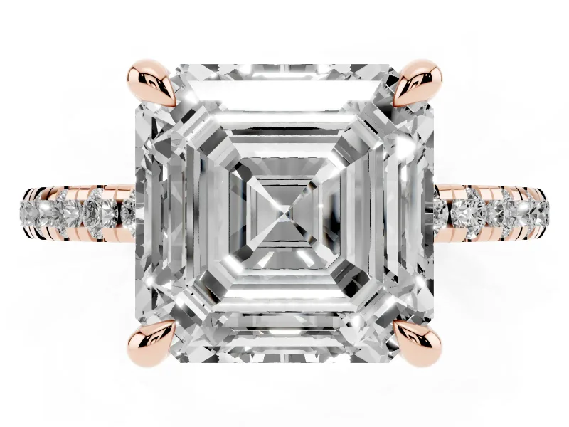 Asscher Cut Diamond Brilliant Solitaire Ring Set in Rose gold with Pavé Band and Prong Setting