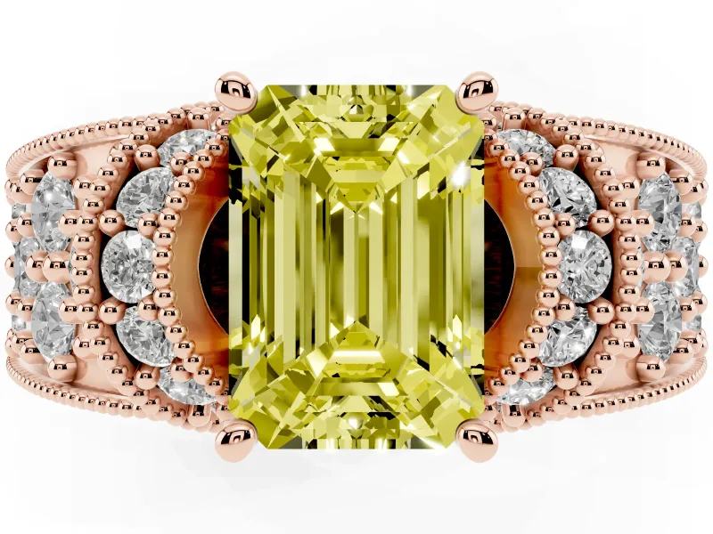 Emerald Cut Vintage Pave Engagement Ring Setting for a Fancy Yellow Lab-Grown Diamond | Milgrain Edges | Rose Gold