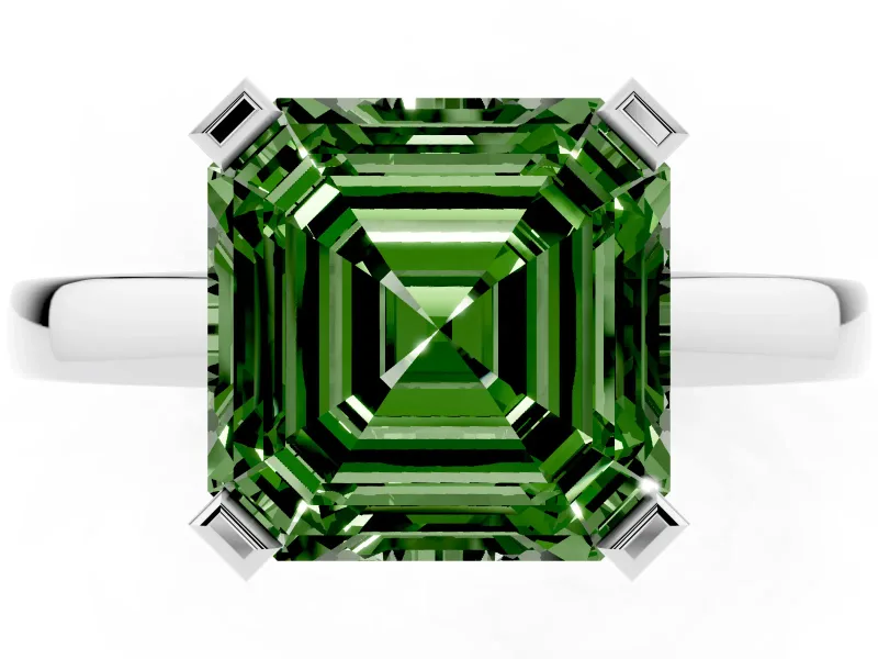 Fancy Green Asscher Cut Diamond Solitaire Ring Set in White gold with Prong Head and Smooth Polished Band
