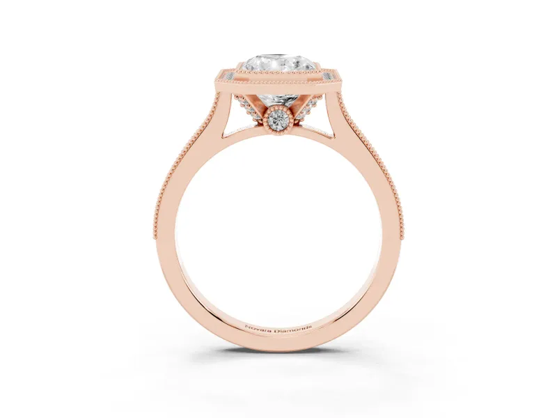 Radiant Cut Vintage Milgrain Halo Engagement Ring Setting | Bezel Head | Rose Gold