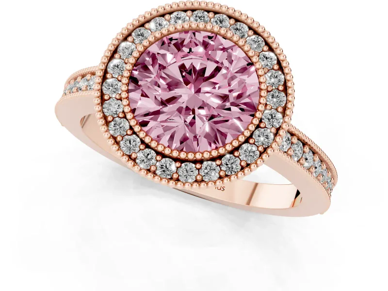 Round Milgrain Halo Engagement Ring Setting for a Fancy Pink Lab-Grown Diamond | Pave Band | Rose Gold