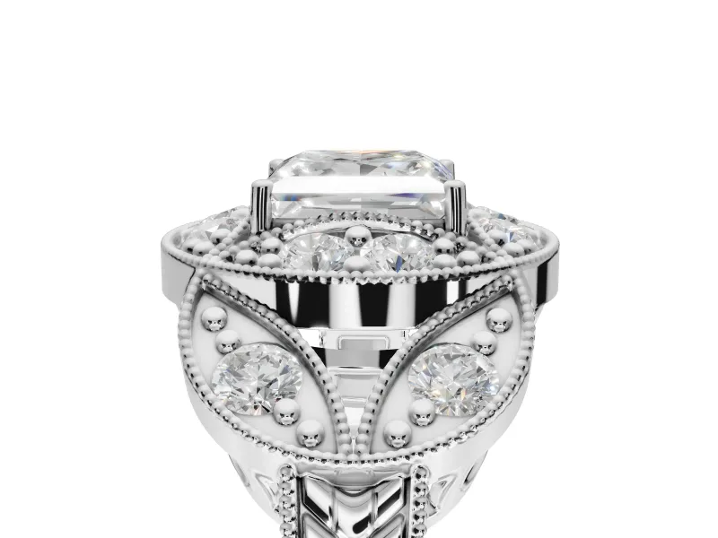 Princess Cut Vintage Floral Halo Engagement Ring Setting | Engraved Milgrain Band | Platinum
