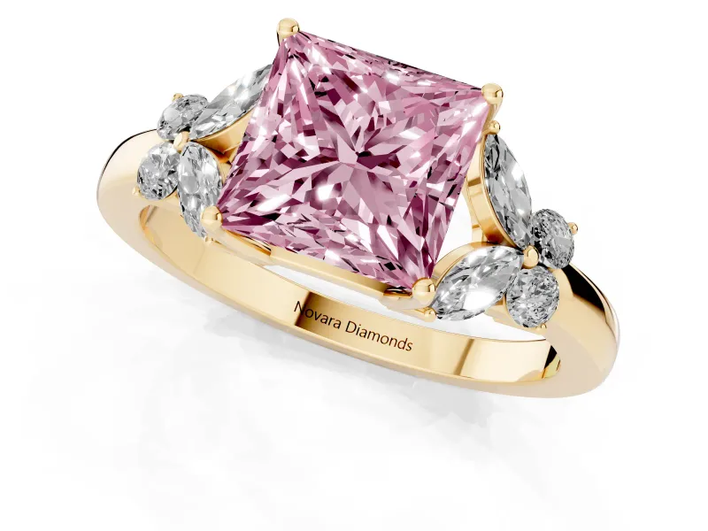 Fancy Pink Princess Cut Diamond Solitaire Floral Ring Set in Yellow gold with Marquise Petals and Prong Setting
