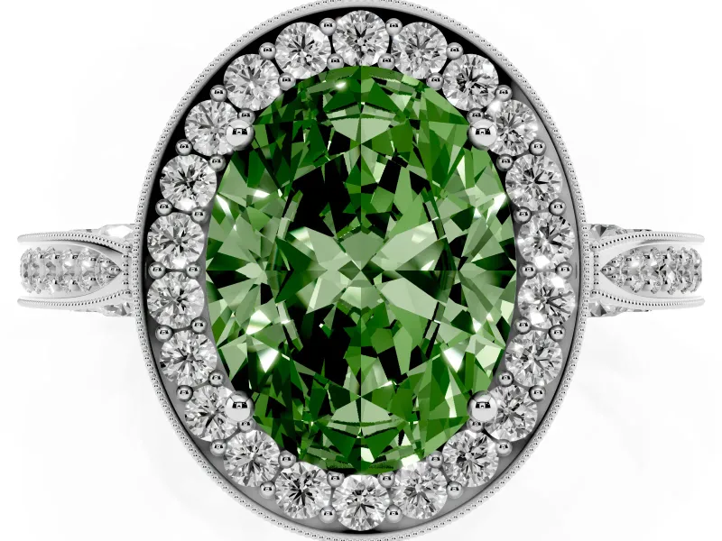 Oval Vintage Milgrain Halo Engagement Ring Setting for a Fancy Green Lab-Grown Diamond | Side Stones and Pave | Platinum