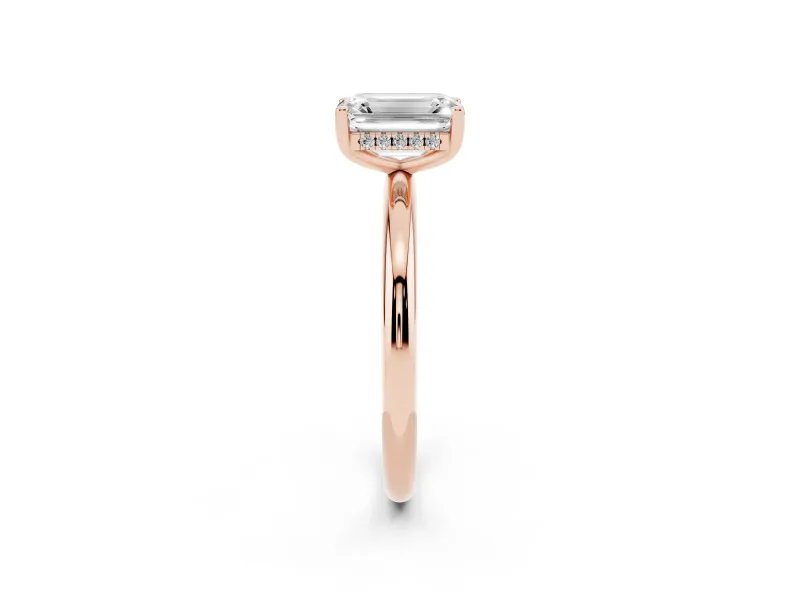 Emerald Cut Micro-Prong Hidden Halo Engagement Ring Setting | Plain Band | Rose Gold