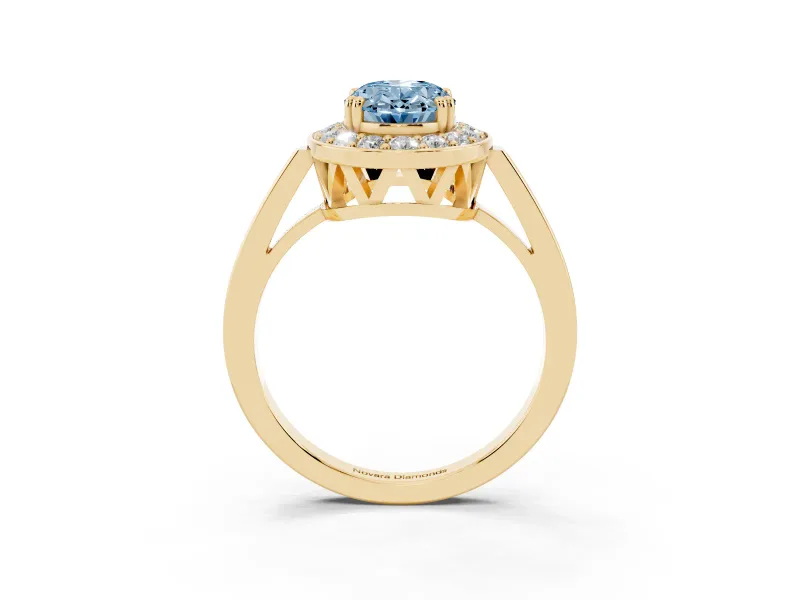Oval Halo Engagement Ring Setting for a Fancy Blue Lab-Grown Diamond | Polished Halo Rim | Yellow Gold