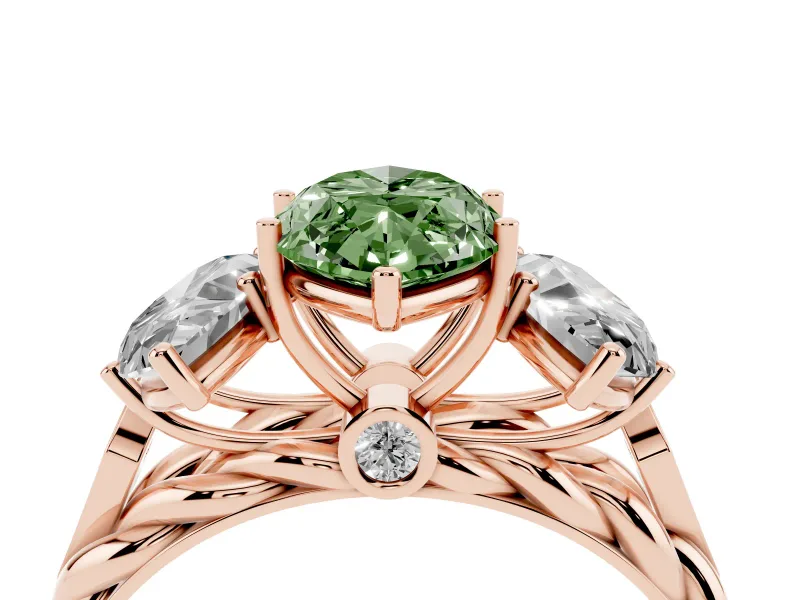 Fancy Green Marquise Cut Diamond Three-Stone Ring Set in Rose gold with Braided Band