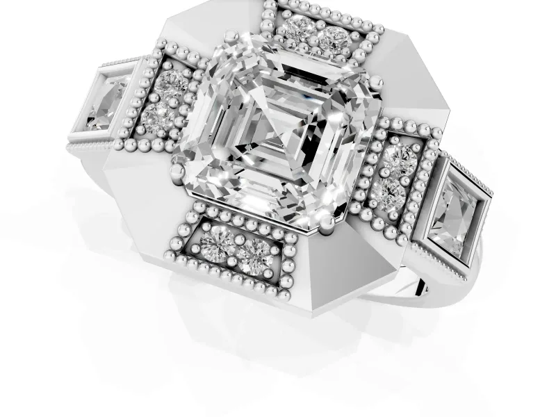Asscher Cut Milgrain Sectioned Halo Engagement Ring Setting | Square-Framed Sides | Platinum