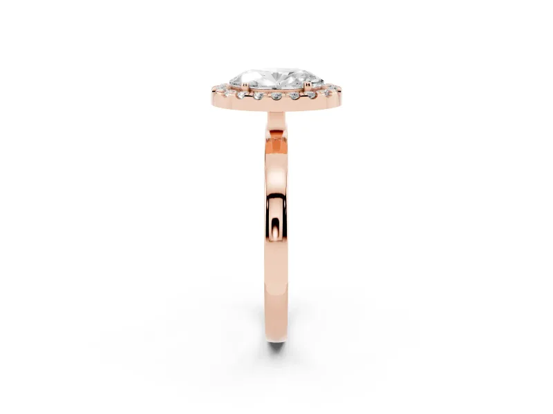 Oval Cut Diamond Halo Solitaire Ring Set in Rose gold with Pavé Band and Prong Setting