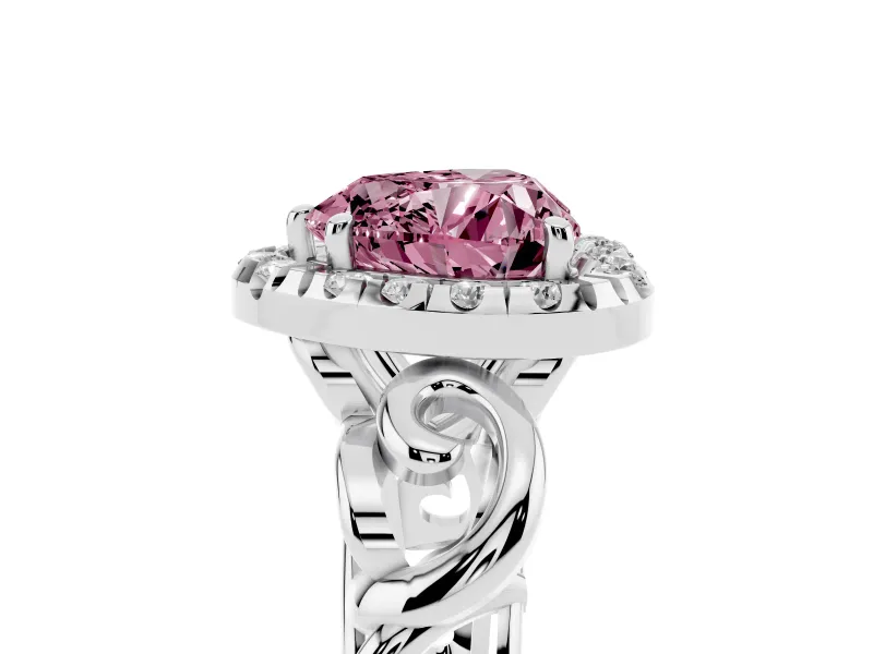 Fancy Pink Heart Cut Diamond Halo Ring Set in White gold with Scrollwork Band and Prong Setting