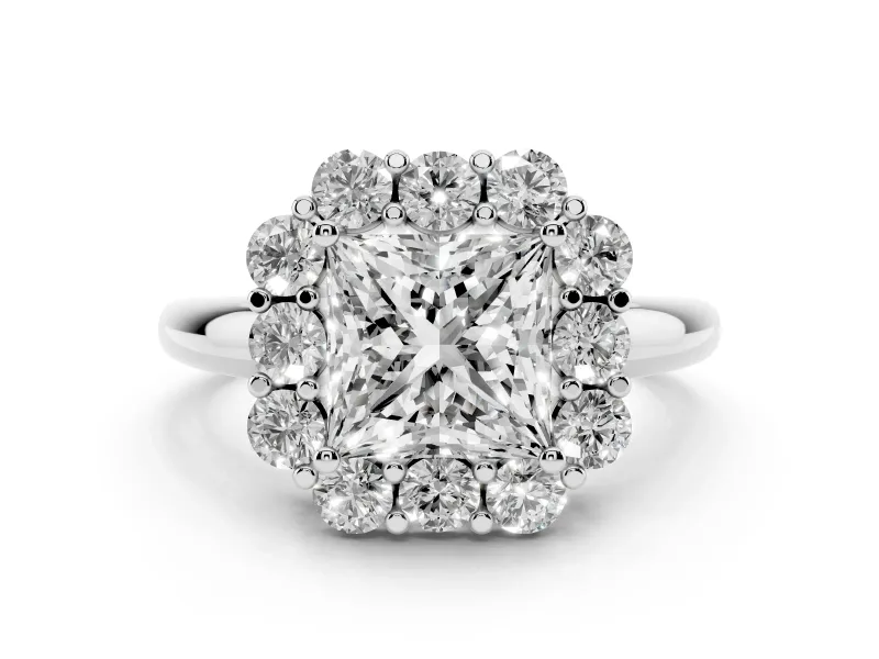 Princess Cut Diamond Milgrain Halo Solitaire Ring Set in Platinum with Bezel Set Side Stones and Pavé Band