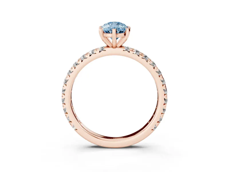 Fancy Blue Pear Cut Diamond Pavé Solitaire Ring Set in Rose gold with Round Band and Prong Setting