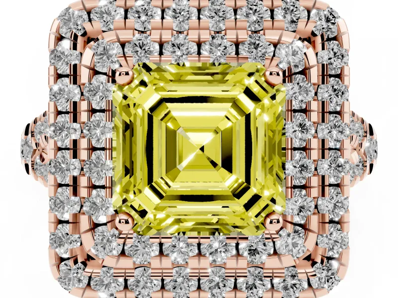 Fancy Yellow Asscher Cut Diamond Double Halo Ring Set in Rose gold with Pavé Split Shank and Prong Setting