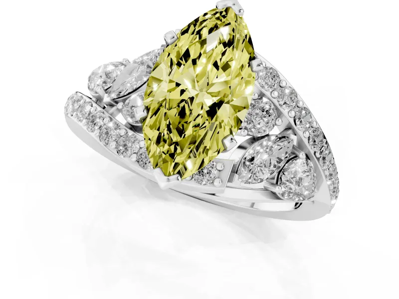 Fancy Yellow Marquise Cut Diamond Halo Ring Set in White gold with Marquise and Pavé Band in Prong Setting