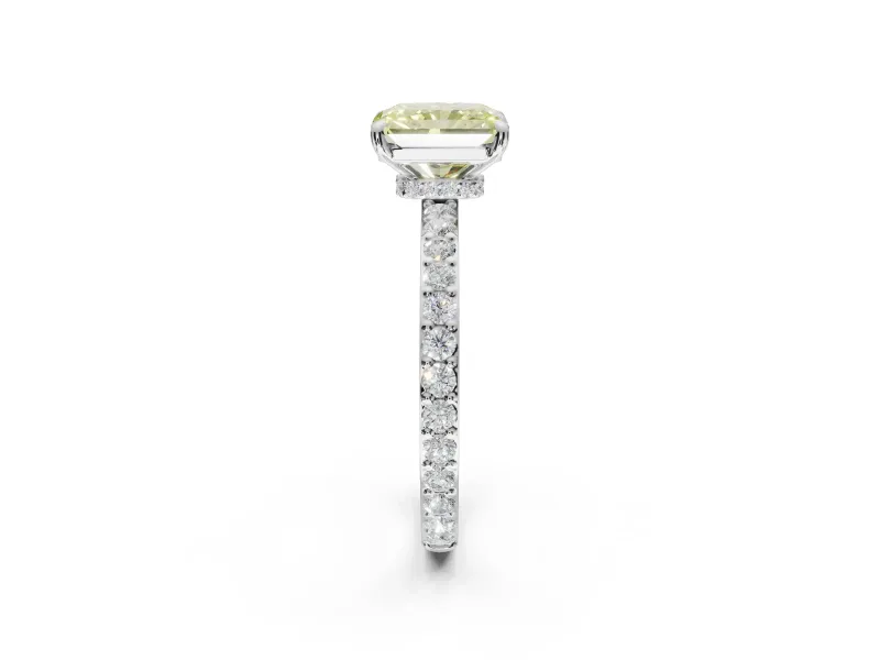 Radiant Cut Hidden Halo Engagement Ring Setting for a Fancy Yellow Lab-Grown Diamond | Pavé Band | Platinum