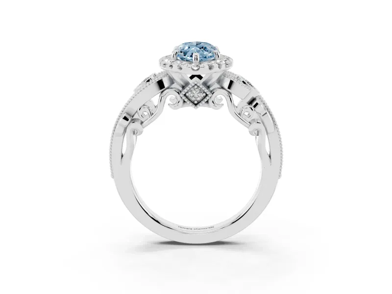 Fancy Blue Marquise Cut Diamond Halo Ring Set in Silver with Milgrain Pavé Band and Prong Setting