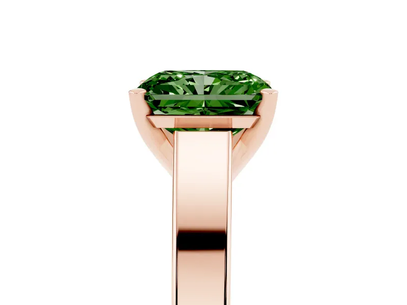 Fancy Green Radiant Cut Diamond Solitaire Engagement Ring Set in Rose gold with Prong Setting and Tapered Band