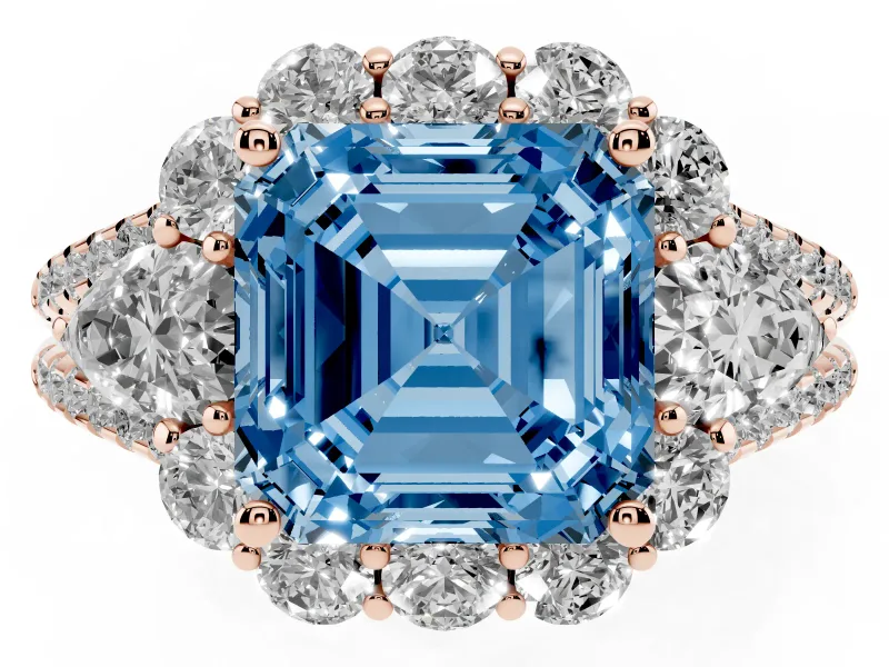 Asscher Cut Scalloped Halo Engagement Ring Setting for a Fancy Blue Lab-Grown Diamond | Pear Side Stones | Rose Gold