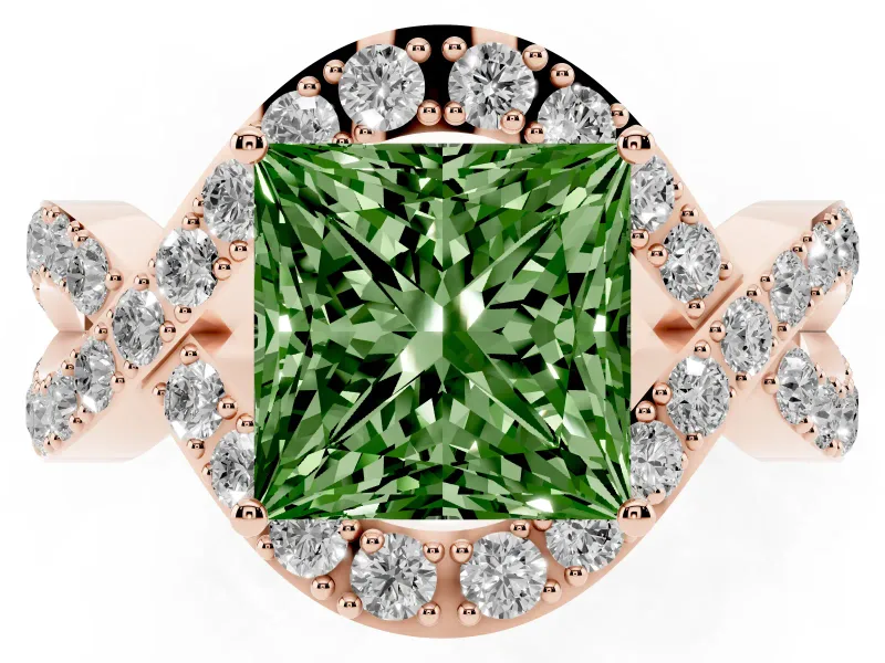 Fancy Green Princess Cut Diamond Solitaire Twist Band Pavé Engagement Ring Set in Rose gold