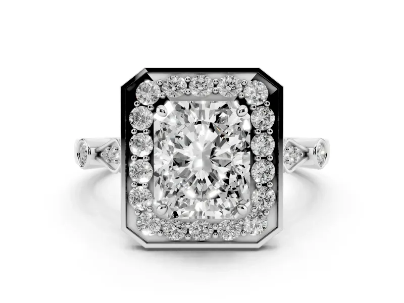 Radiant Cut Diamond Halo Engagement Ring Set in Silver with Twisted Band and Prong Setting