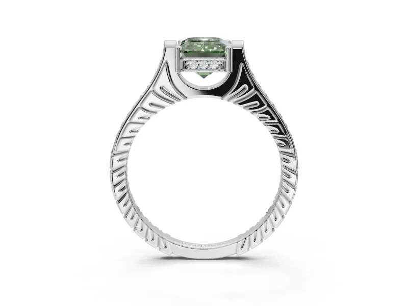Emerald Cut Vintage Cathedral Engagement Ring Setting for a Fancy Green Lab-Grown Diamond | Carved Band | Platinum